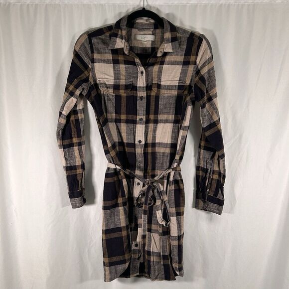 LOFT Knee Length Dress Women's Small Petite Brown Blue Plaid Button Up Tie Waist - Picture 1 of 7